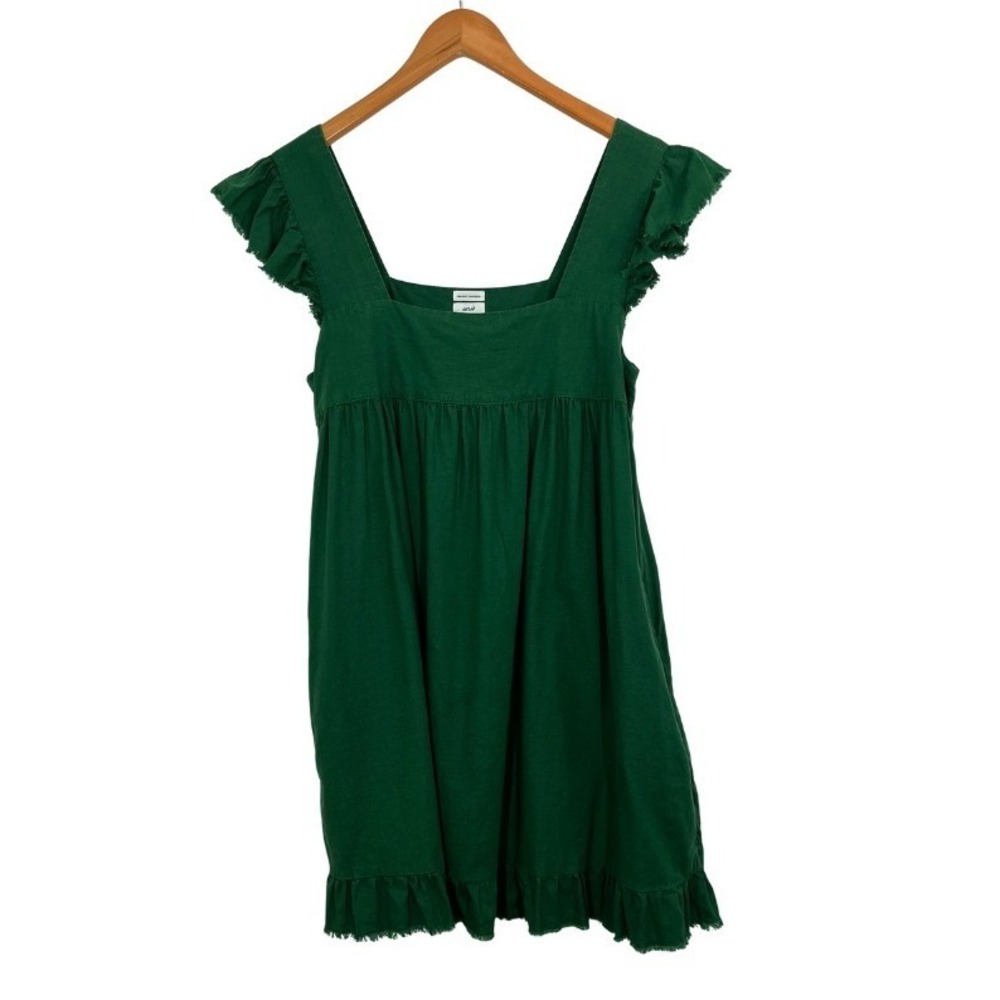 Aerie Womens Forest Green Linen Blend Ruffle Babydoll Mini Dress Size M Pockets - Picture 2 of 11